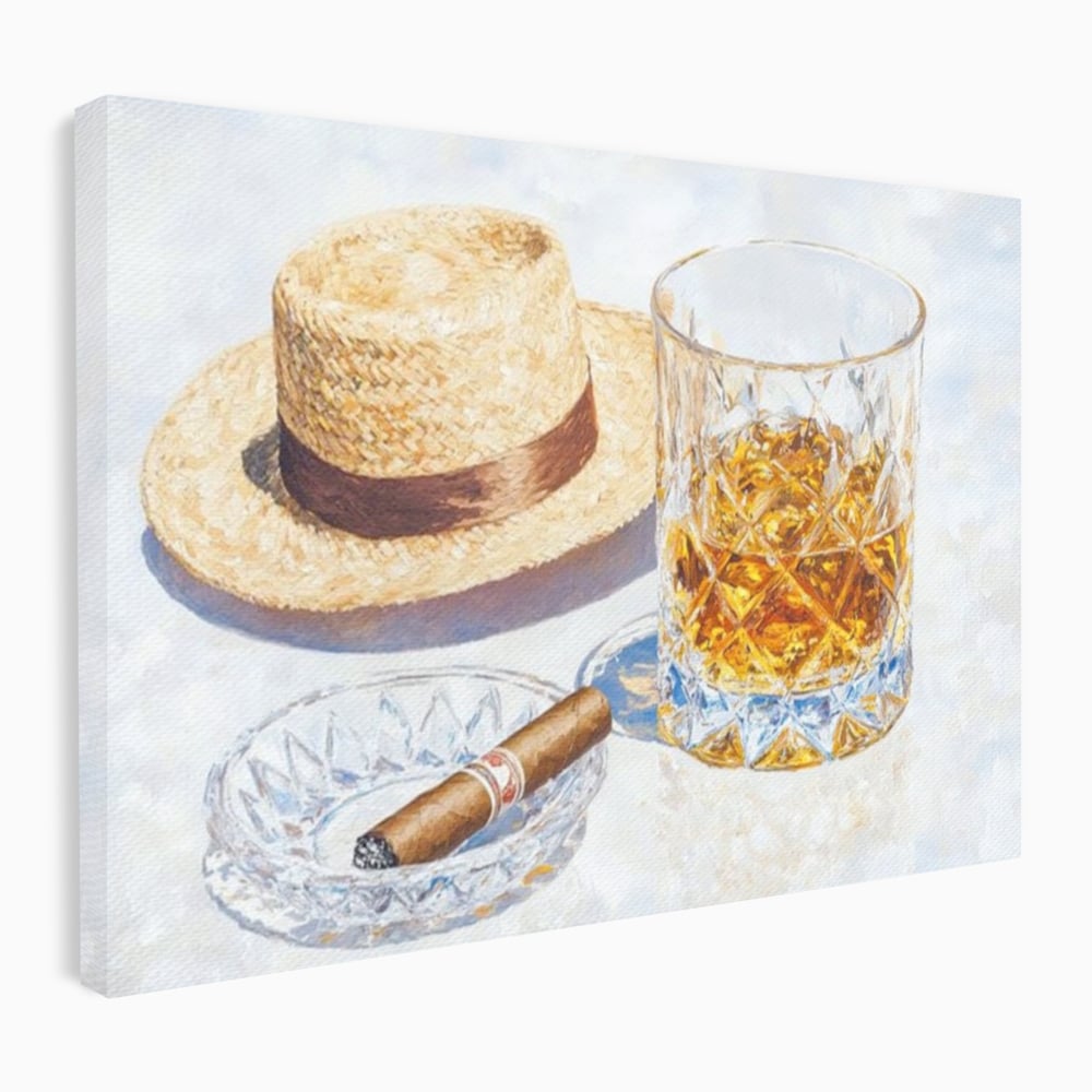 Tablou canvas cu natura statica cu palarie si pahar de whisky, fara rama, pe sasiu de lemn
